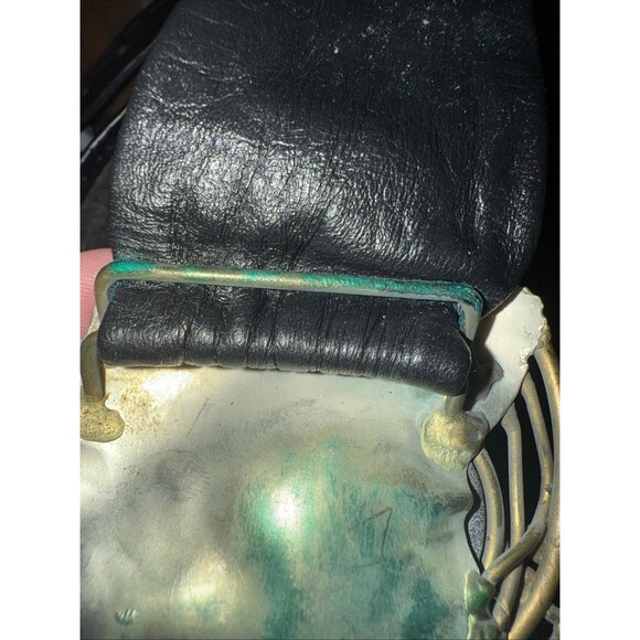 Vintage Mexican Artisan Belt Black Leather Wide Brass Sculptural Buckle Boho MCM - Picture 6 of 13